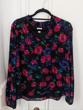 J. Crew Black V-Neck Floral Blouse with Pink & Blue Flowers